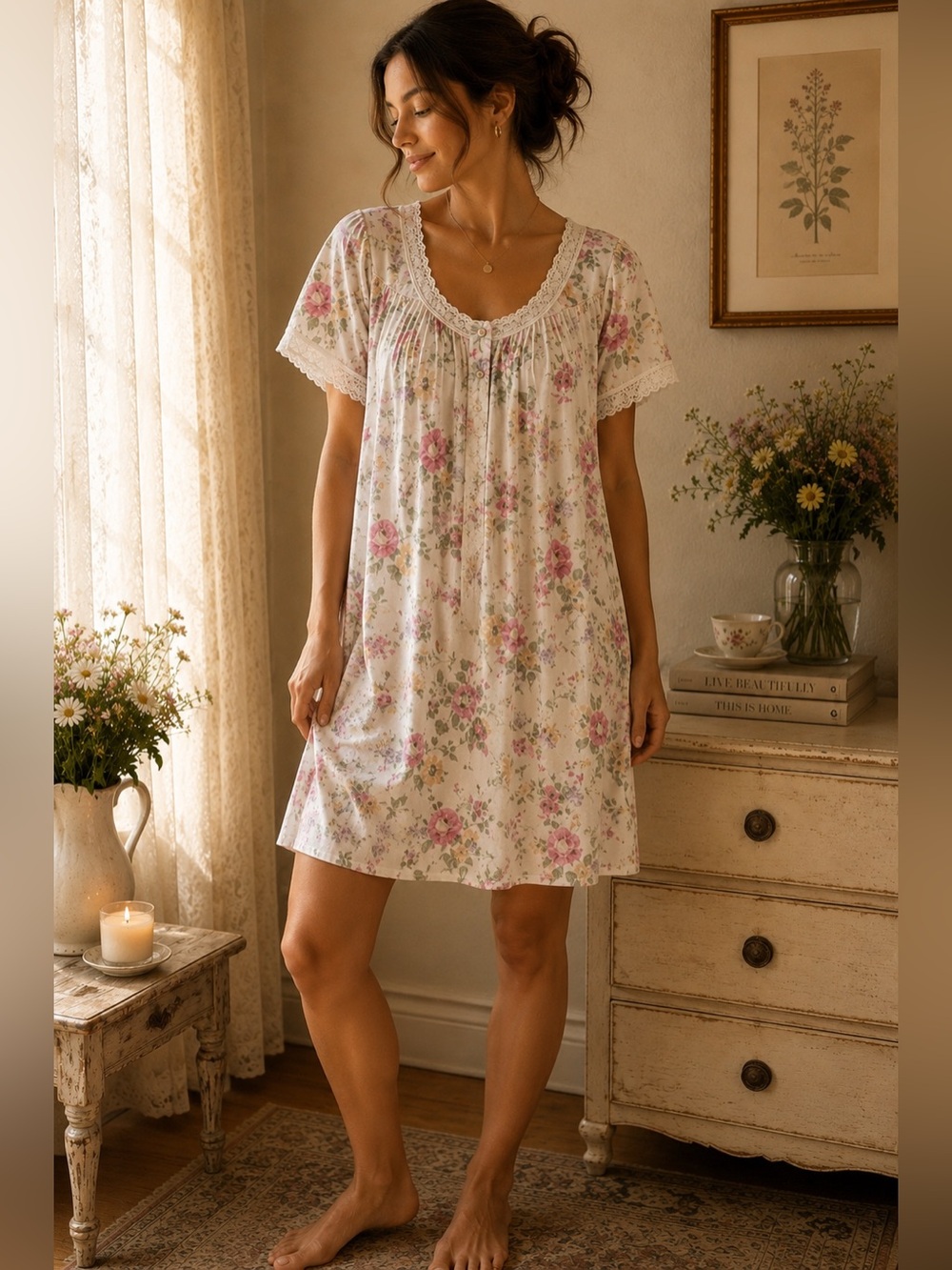 Vintage Vanity Fair Floral Lace Nightgown Housecoat – Size Medium
